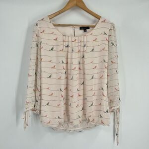 Sarah Michelle Blouse Top Cream Pleated Front Bird Print 3/4 Sleeves Women Large